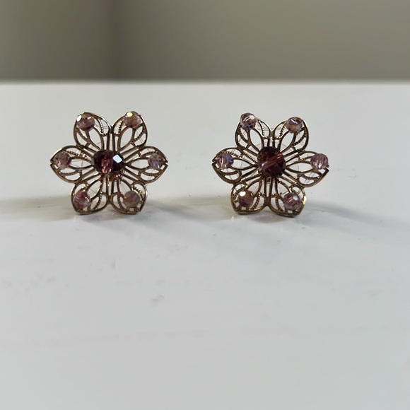 Gold Openwork Purple Beaded Earrings - Picture 5 of 7